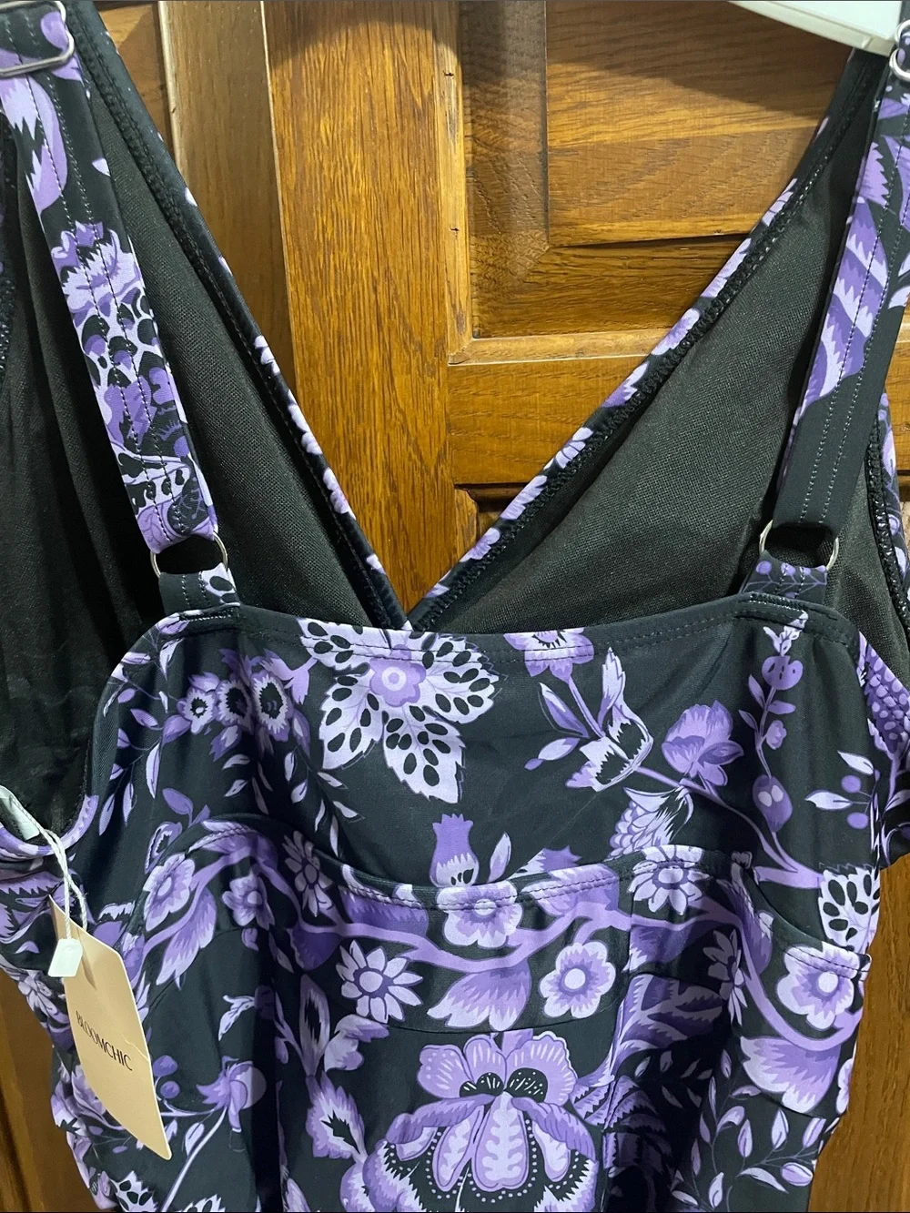 BloomChic Black &  Purple Floral V-Neck Swimsuit NWT Sz. 14/16 very pretty
